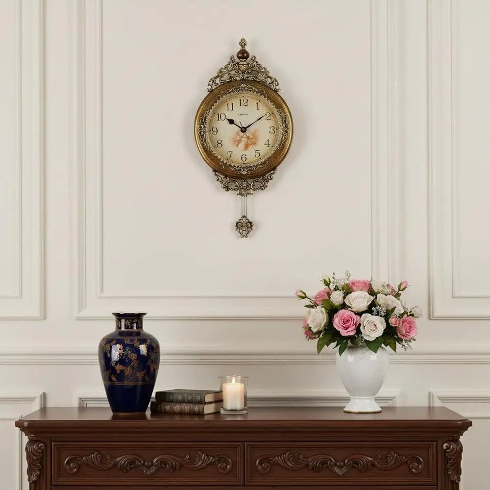 15" Gold And Silver Resin Silent Pendulum Ornate Round Wall Clock HomeRoots