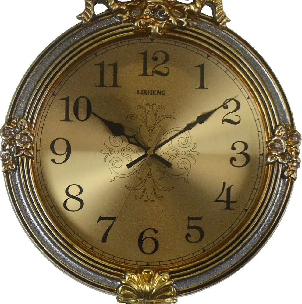 15" Gold And Silver Resin Silent Pendulum Ornate Round Wall Clock HomeRoots