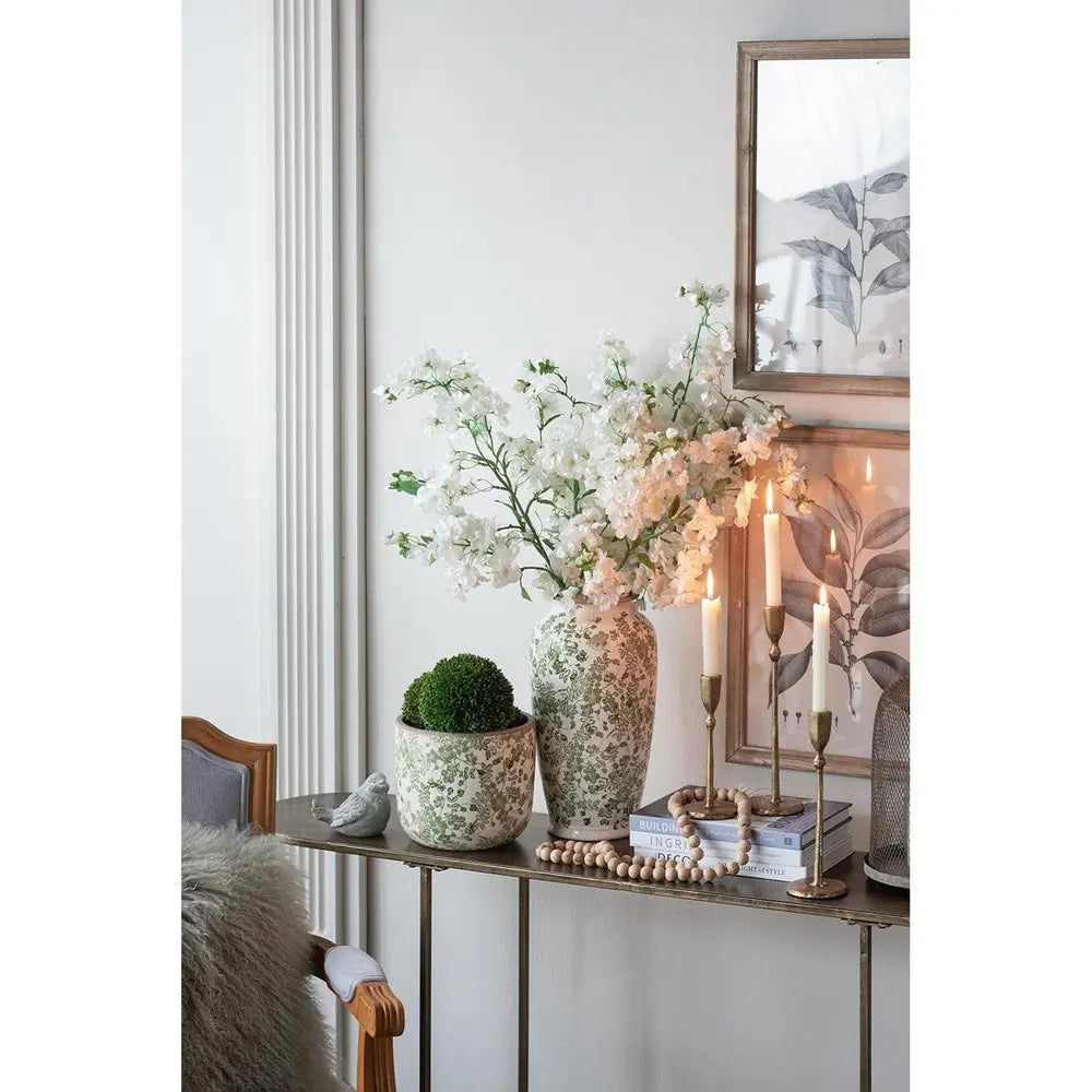 15" Green and White Leaf Trumpet Ceramic Table Vase With Does Not Apply - NOBLE HOME INTERIORS