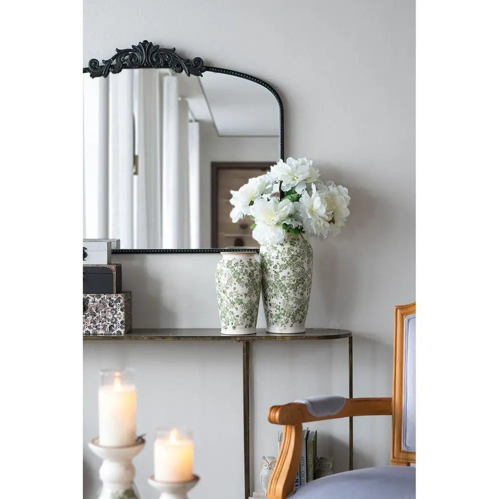 15" Green and White Leaf Trumpet Ceramic Table Vase With Does Not Apply - NOBLE HOME INTERIORS