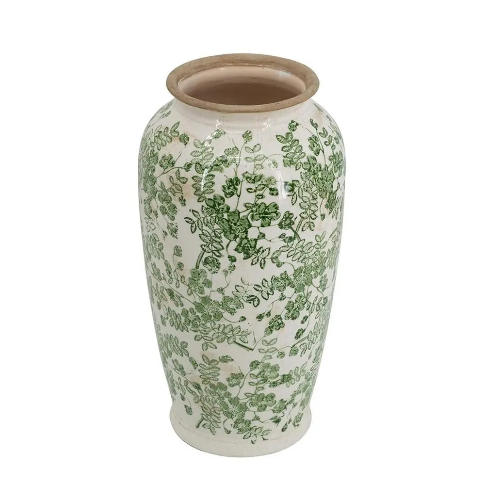 15" Green and White Leaf Trumpet Ceramic Table Vase With Does Not Apply - NOBLE HOME INTERIORS