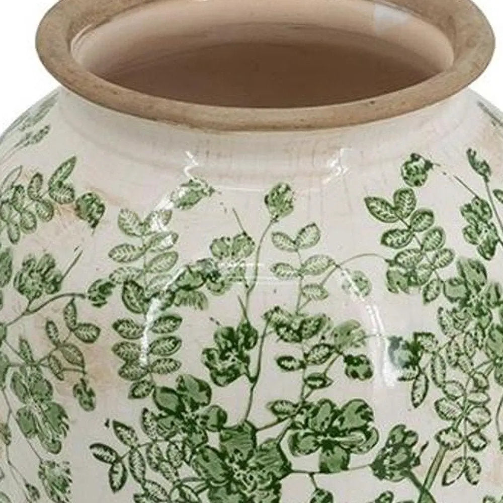 15" Green and White Leaf Trumpet Ceramic Table Vase With Does Not Apply - NOBLE HOME INTERIORS