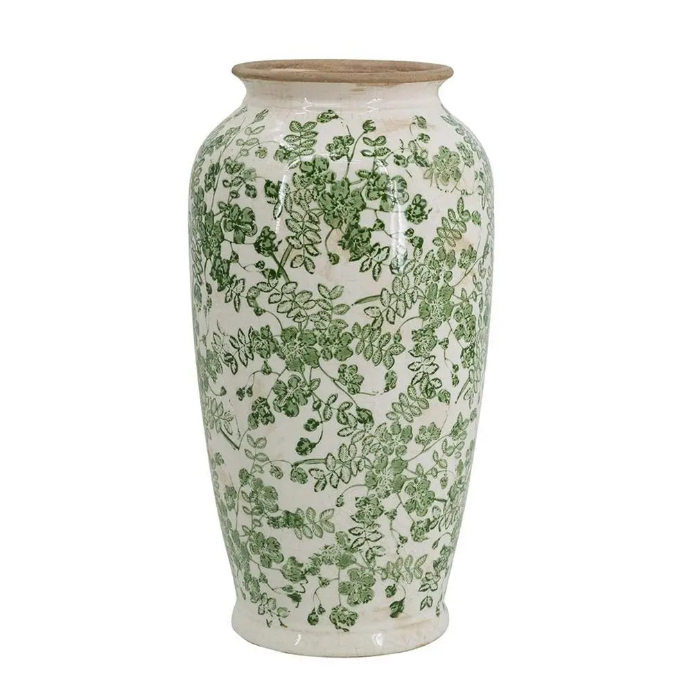 15" Green and White Leaf Trumpet Ceramic Table Vase With Does Not Apply - NOBLE HOME INTERIORS