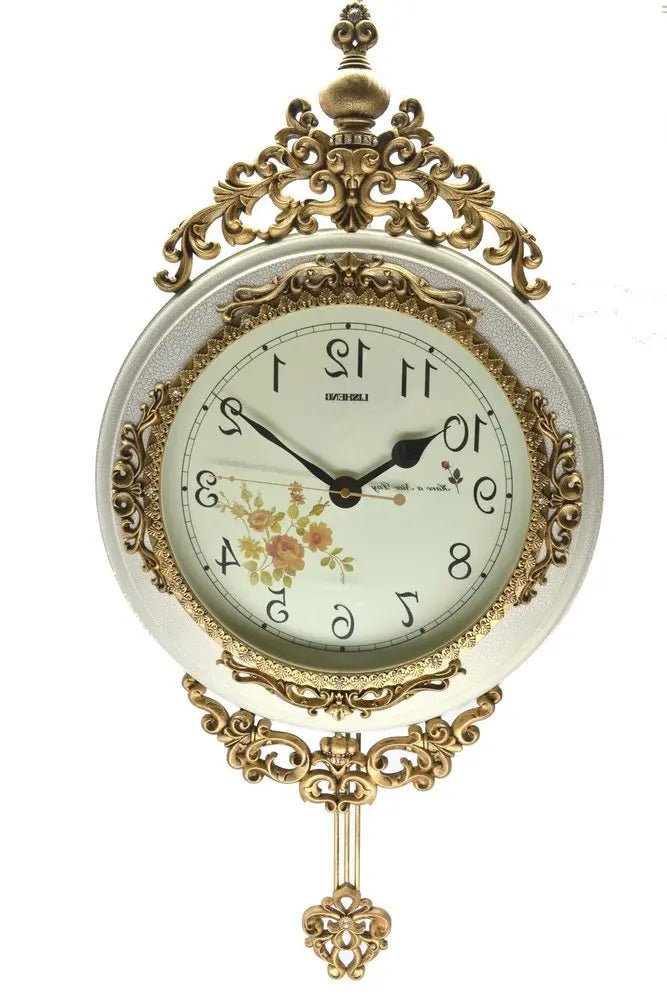 15" Ivory And Gold Resin Silent Pendulum Ornate Round Wall Clock HomeRoots