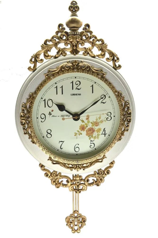 15" Ivory And Gold Resin Silent Pendulum Ornate Round Wall Clock HomeRoots