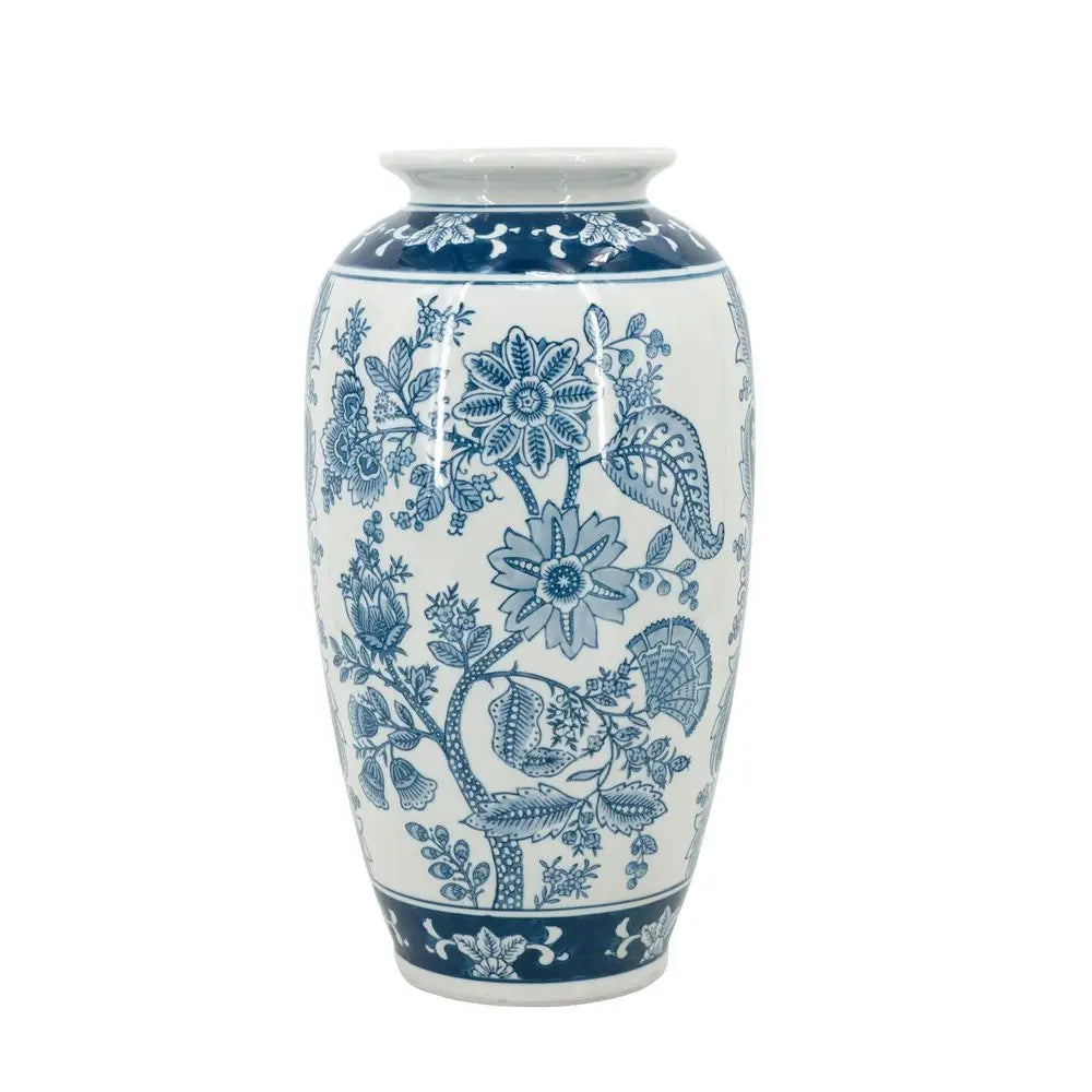 15" Light Blue And White Floral Porcelain Urn Vase - NOBLE HOME INTERIORS