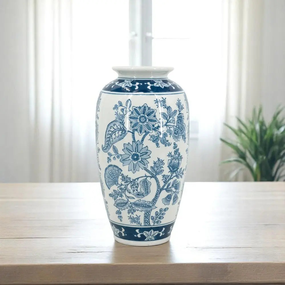 15" Light Blue And White Floral Porcelain Urn Vase - NOBLE HOME INTERIORS