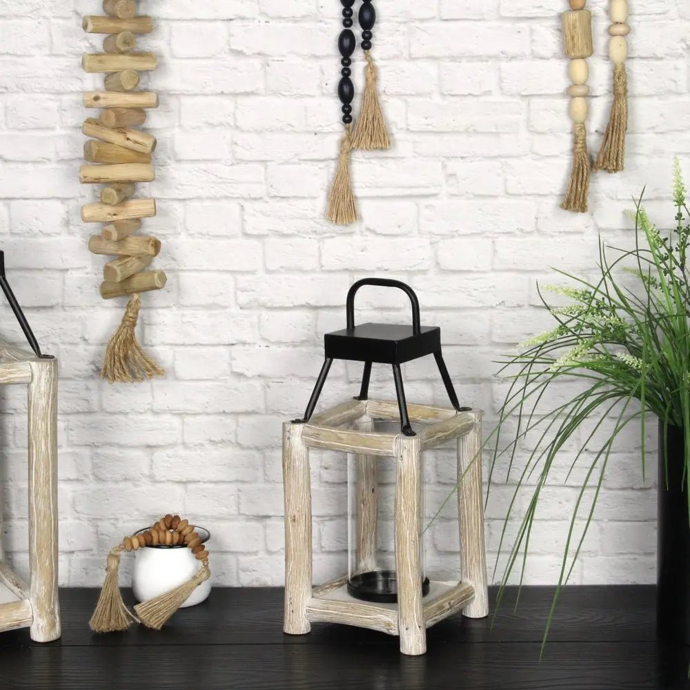 15" Natural And Black Glass Metal And Wood Tabletop Lantern Candle Holder HomeRoots