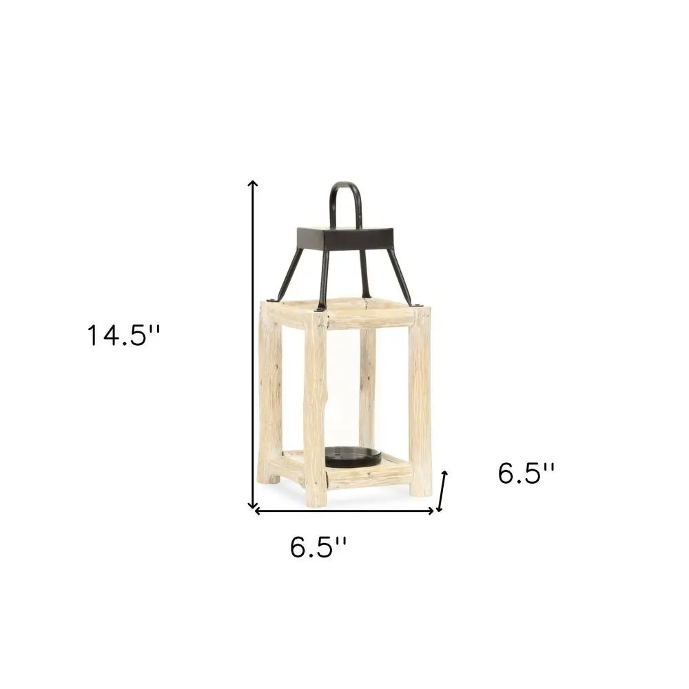 15" Natural And Black Glass Metal And Wood Tabletop Lantern Candle Holder HomeRoots
