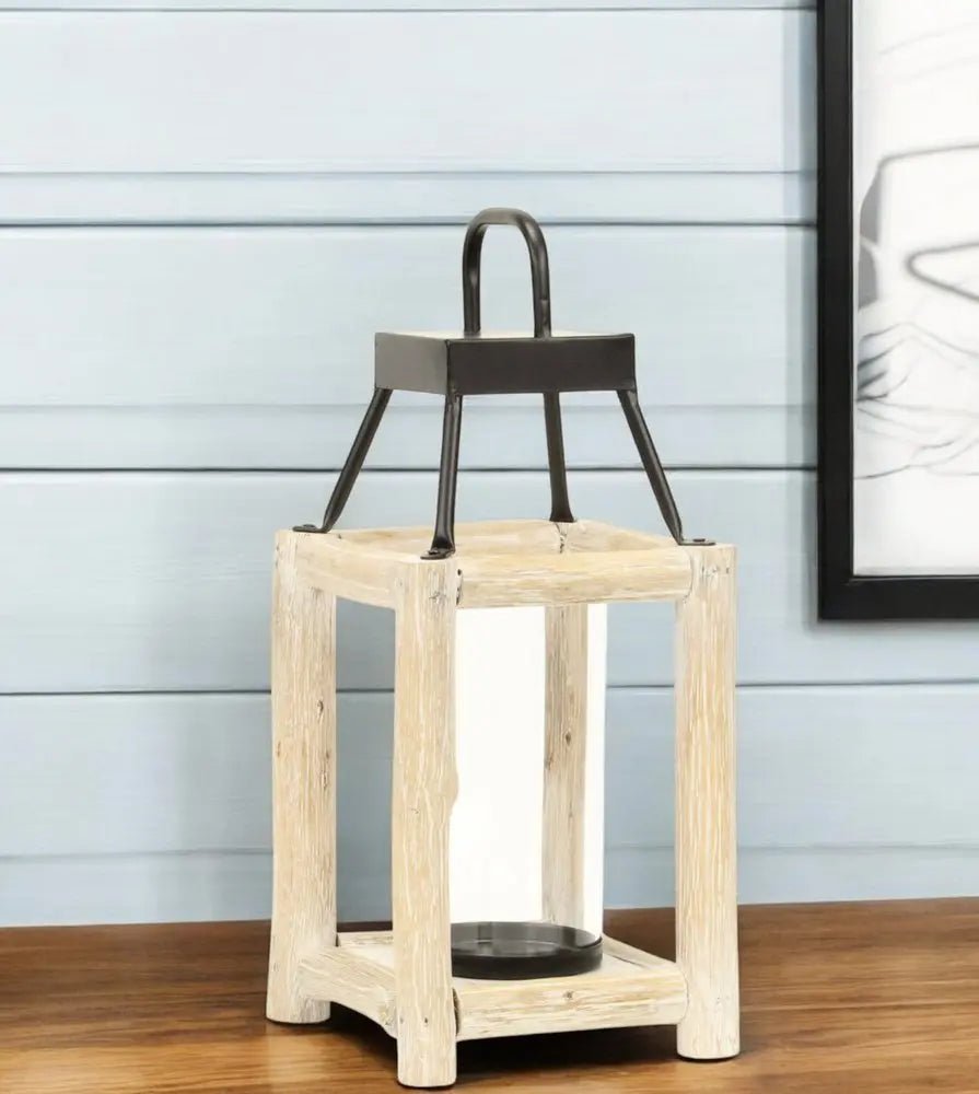 15" Natural And Black Glass Metal And Wood Tabletop Lantern Candle Holder HomeRoots