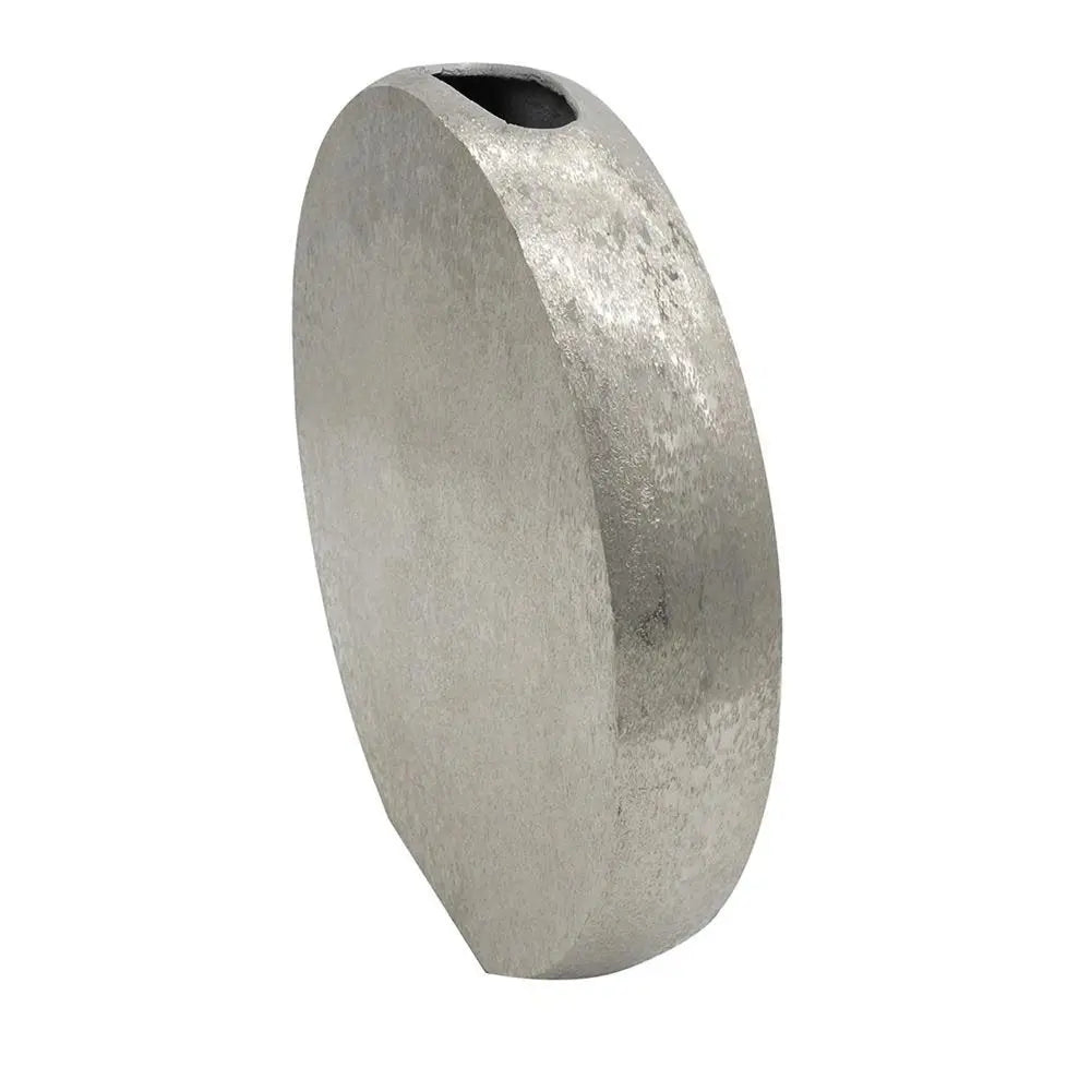 15" Silver Aluminum Round Disc Table Vase - NOBLE HOME INTERIORS