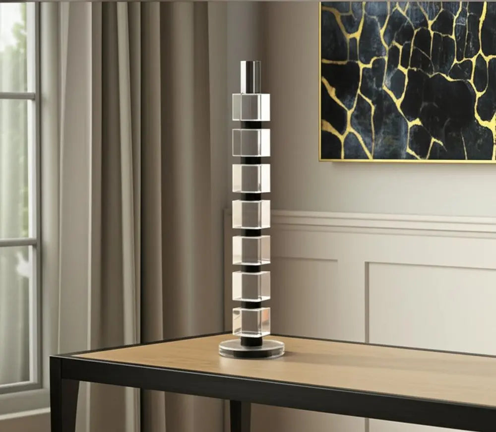 15" Silver Clear And Black Crystal Tabletop Taper Candlestick - NOBLE HOME INTERIORS