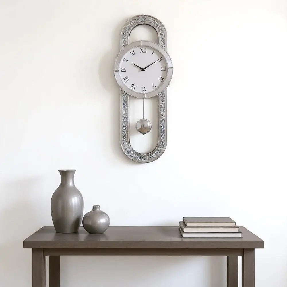 15" Silver Faux Crystal And Mirrored Glass Silent Analog Oval Wall Clock - NOBLE HOME INTERIORS