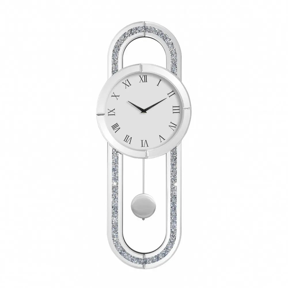 15" Silver Faux Crystal And Mirrored Glass Silent Analog Oval Wall Clock - NOBLE HOME INTERIORS