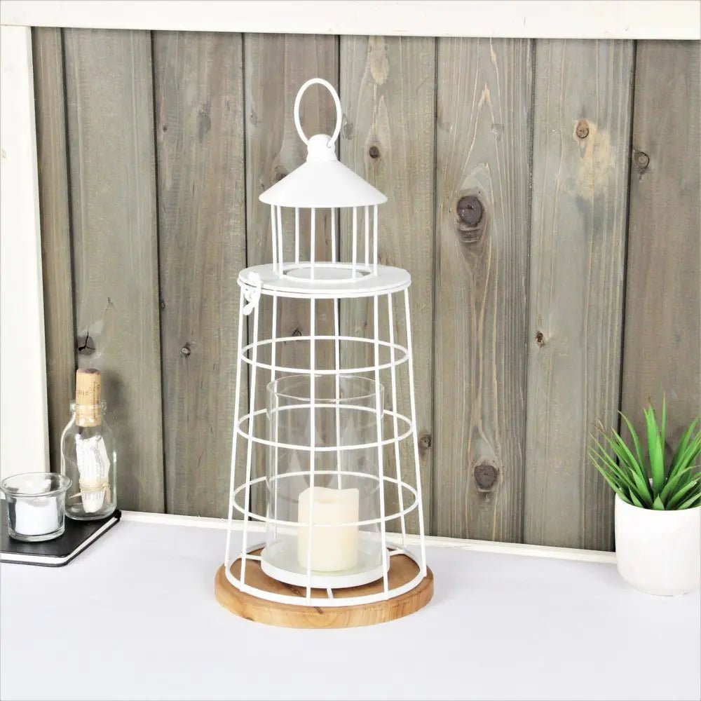 15" White And Natural Metal And Wood Lighthouse Tabletop Lantern Candle Holder HomeRoots