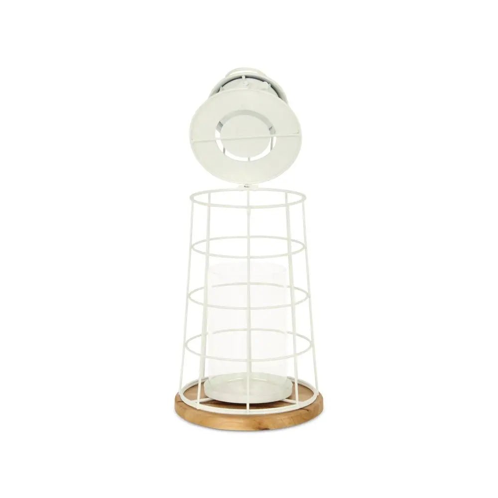 15" White And Natural Metal And Wood Lighthouse Tabletop Lantern Candle Holder HomeRoots