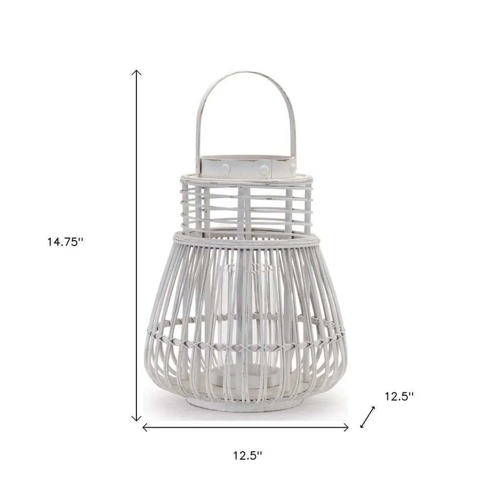 15" White Distressed Woven Manufactured Wood Centerpiece Lantern Candle Holder - NOBLE HOME INTERIORS