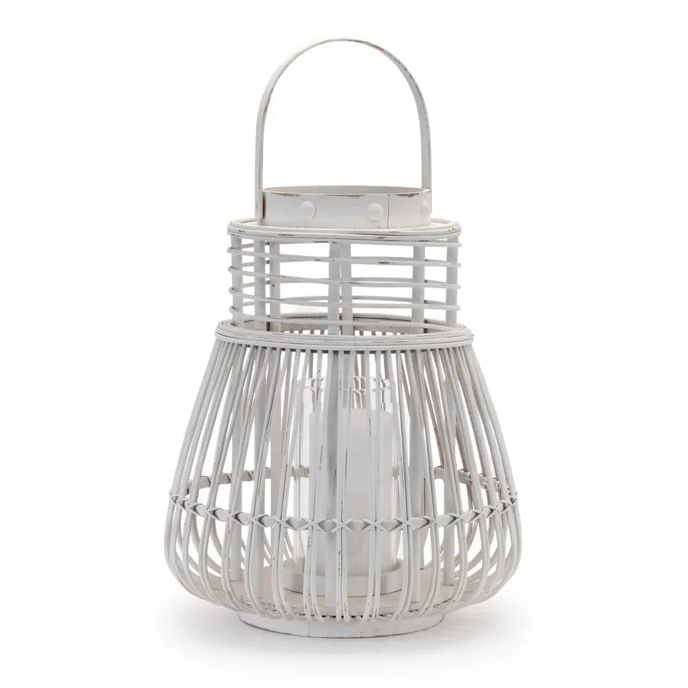 15" White Distressed Woven Manufactured Wood Centerpiece Lantern Candle Holder - NOBLE HOME INTERIORS