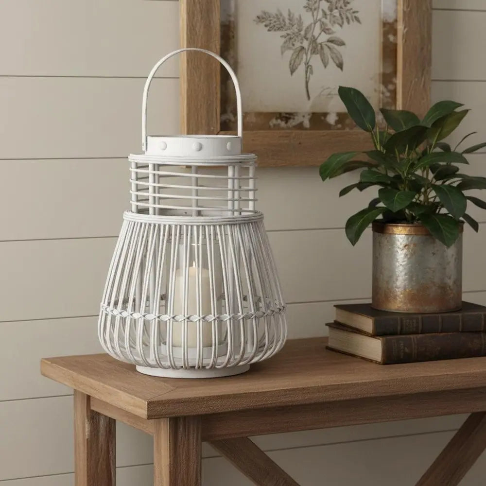 15" White Distressed Woven Manufactured Wood Centerpiece Lantern Candle Holder - NOBLE HOME INTERIORS