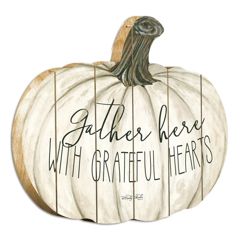 15" X 17" Cream Pumpkin Gather Here With Grateful Hearts Hanging Dimensional Sculpture - NOBLE HOME INTERIORS