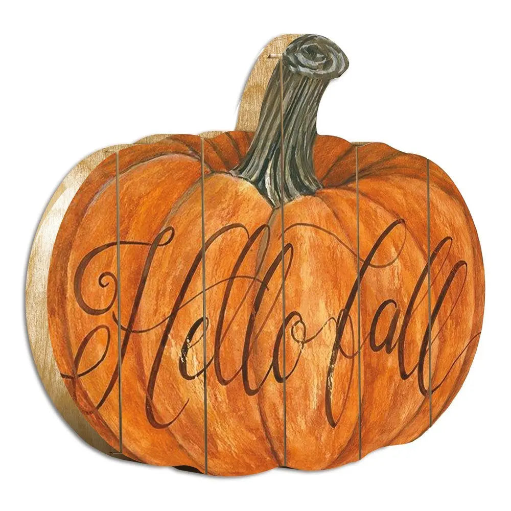 15" X 17" Orange And Brown Pumpkin Hello Fall Hanging Dimensional Sculpture - NOBLE HOME INTERIORS