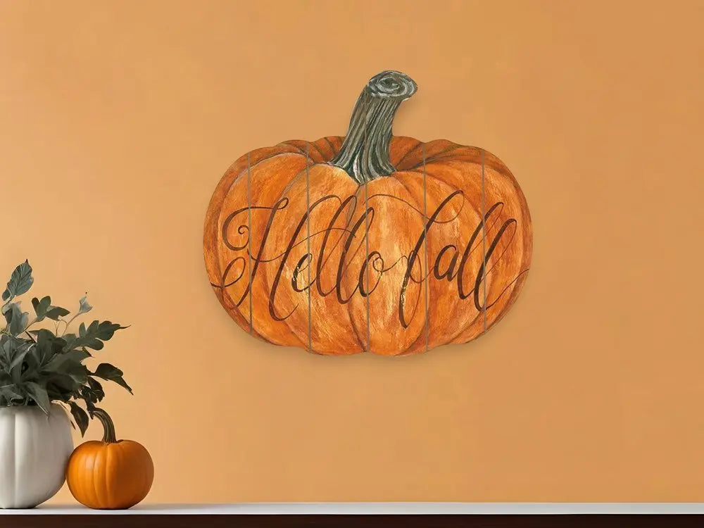15" X 17" Orange And Brown Pumpkin Hello Fall Hanging Dimensional Sculpture - NOBLE HOME INTERIORS