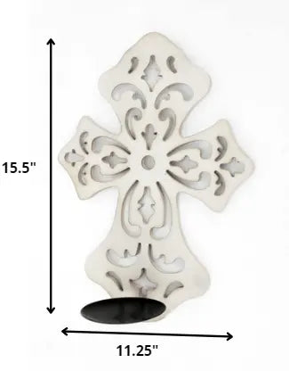 15.5 X 5 X 11 White Wooden Cross - Candle Holder Sconce - NOBLE HOME INTERIORS