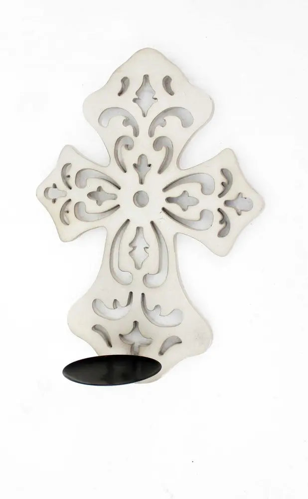15.5 X 5 X 11 White Wooden Cross - Candle Holder Sconce - NOBLE HOME INTERIORS