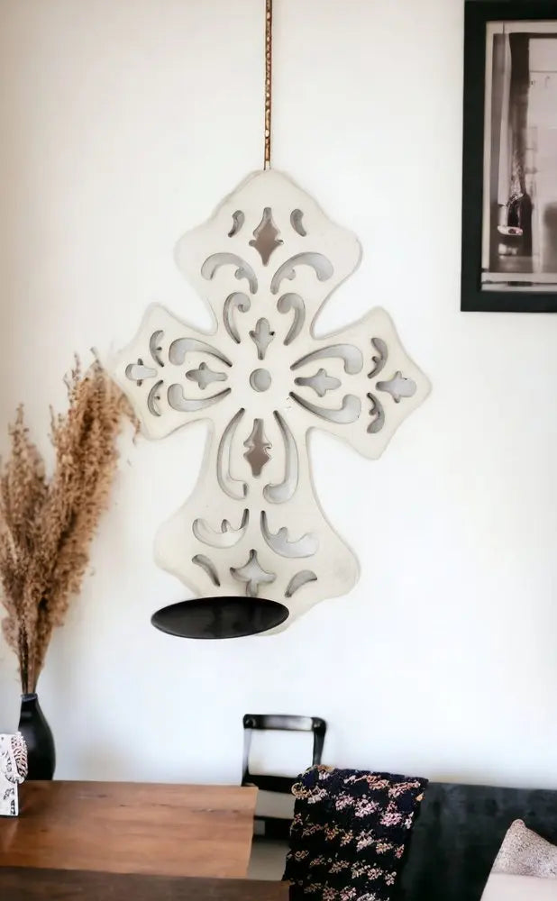 15.5 X 5 X 11 White Wooden Cross - Candle Holder Sconce - NOBLE HOME INTERIORS