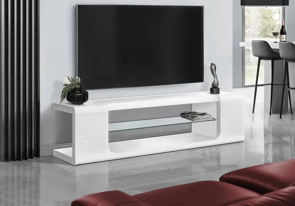 15.75" X 59" X 15.75" White Clear Hollow Core Tempered Glass TV Stand - NOBLE HOME INTERIORS