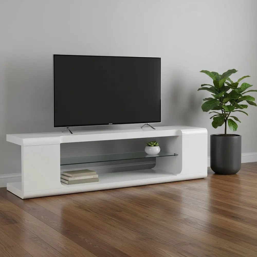 15.75" X 59" X 15.75" White Clear Hollow Core Tempered Glass TV Stand - NOBLE HOME INTERIORS