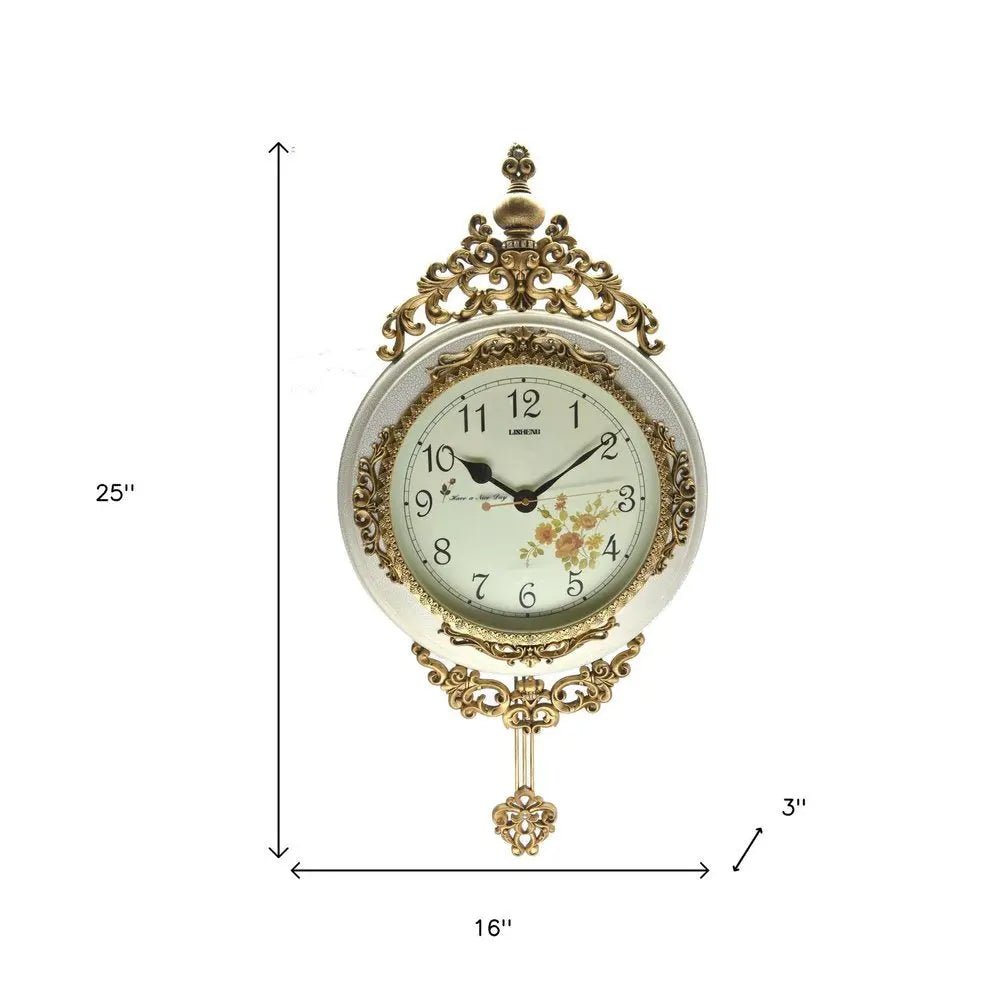 16" Antiqued White And Bronze Resin Silent Pendulum Ornate Oval Wall Clock HomeRoots