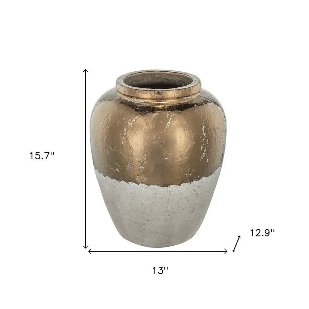 16" Beige and Bronze Terracotta Round Jug Vase - NOBLE HOME INTERIORS