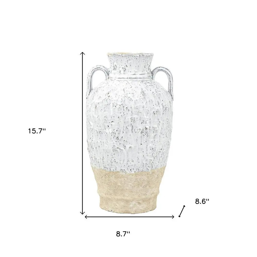 16" Beige And Ivory Amphora Terracotta Urn - NOBLE HOME INTERIORS