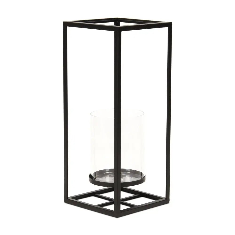 16" Black And Clear Metal And Glass Tabletop Candle Holder HomeRoots