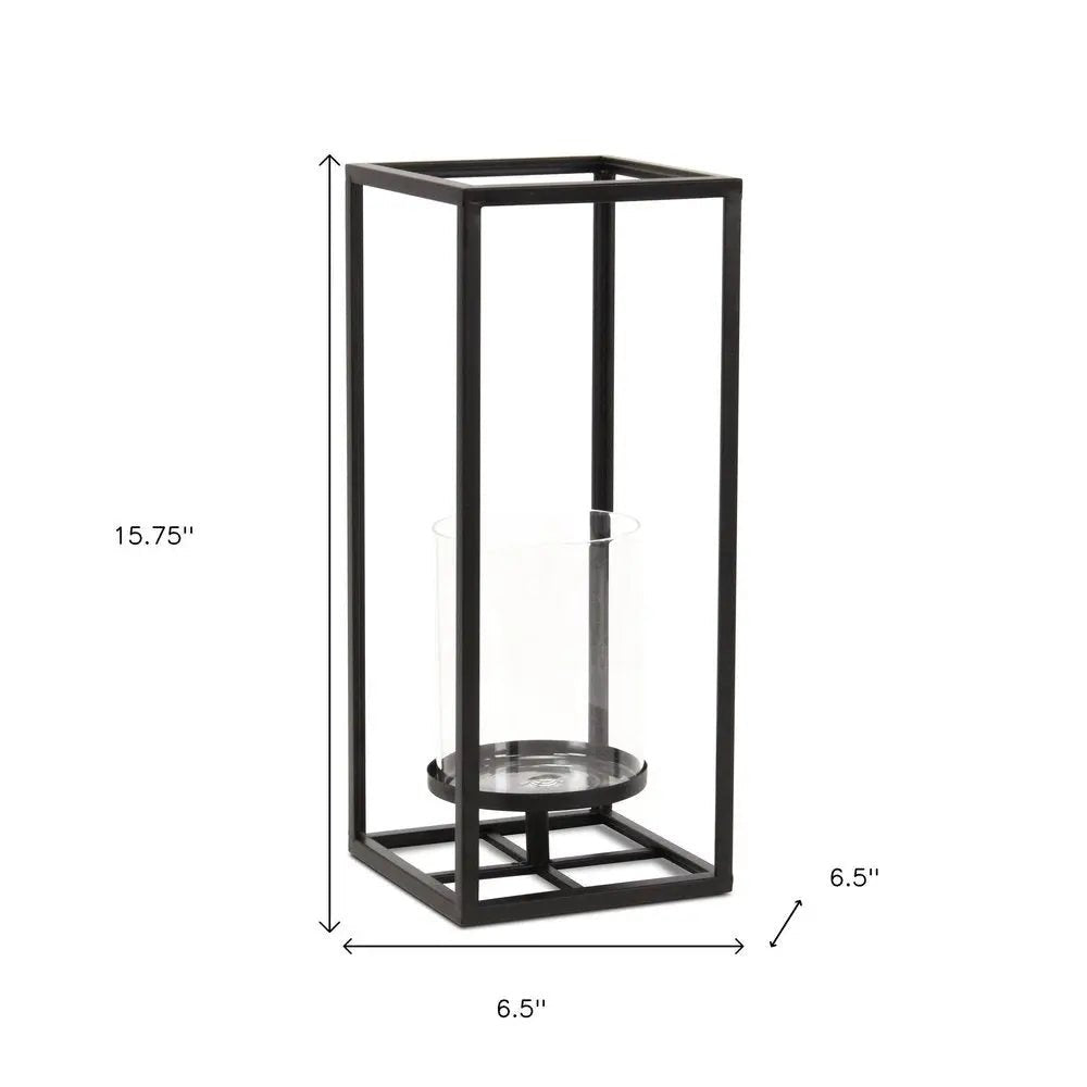 16" Black And Clear Metal And Glass Tabletop Candle Holder HomeRoots
