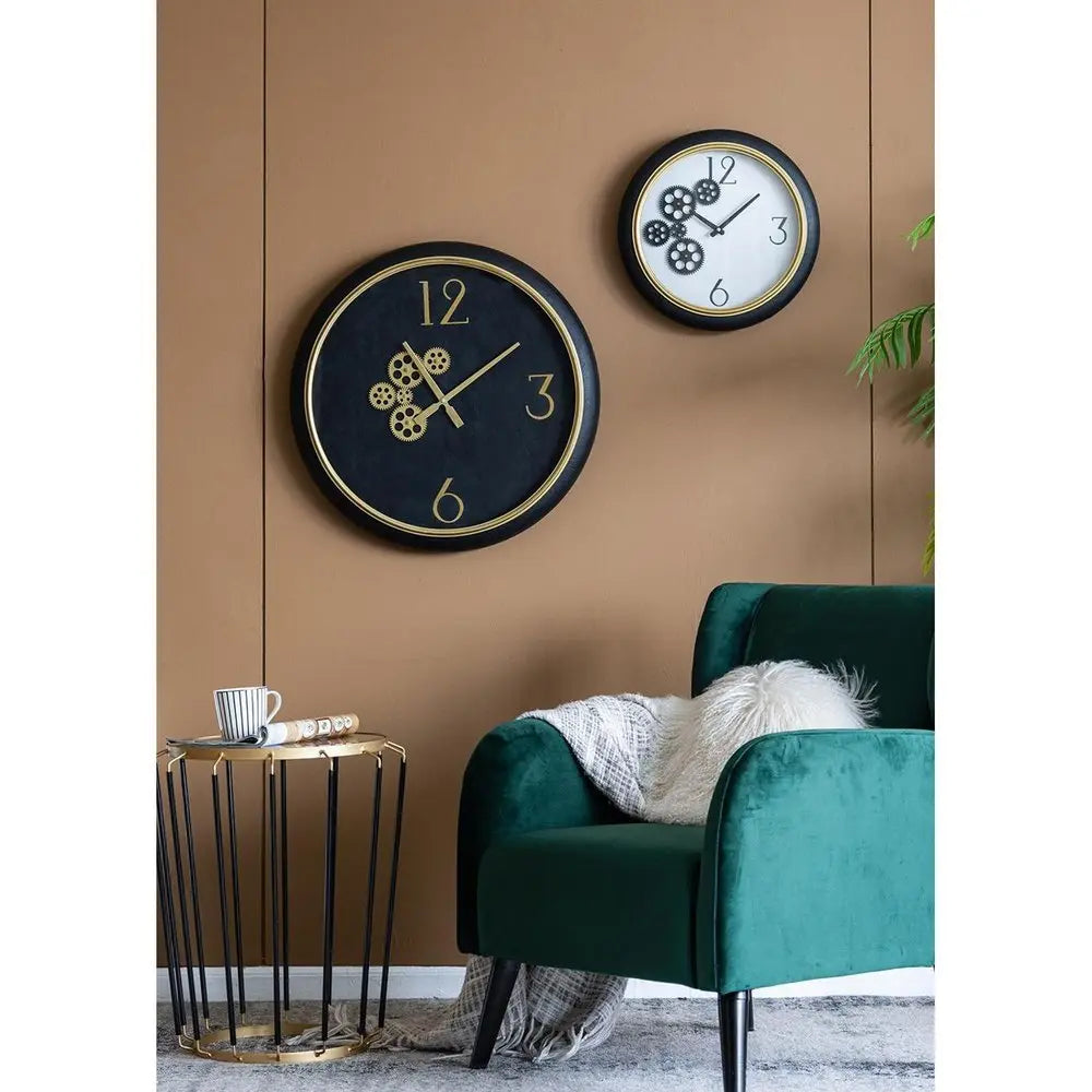 16" Black Gold And White Faux Leather And Iron Analog Exposed Gear Round Wall Clock - NOBLE HOME INTERIORS