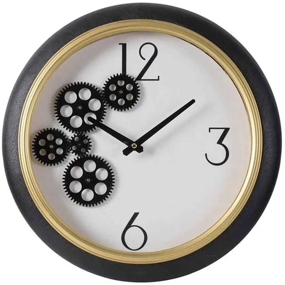 16" Black Gold And White Faux Leather And Iron Analog Exposed Gear Round Wall Clock - NOBLE HOME INTERIORS