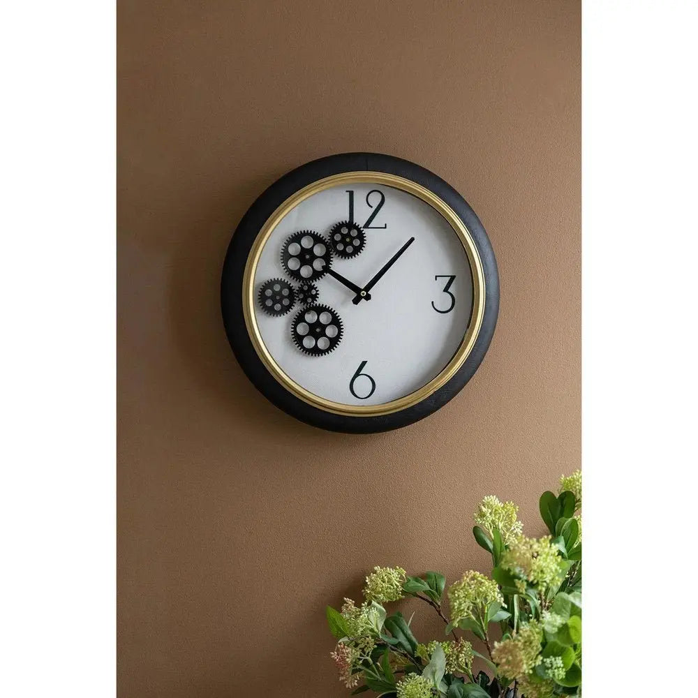 16" Black Gold And White Faux Leather And Iron Analog Exposed Gear Round Wall Clock - NOBLE HOME INTERIORS