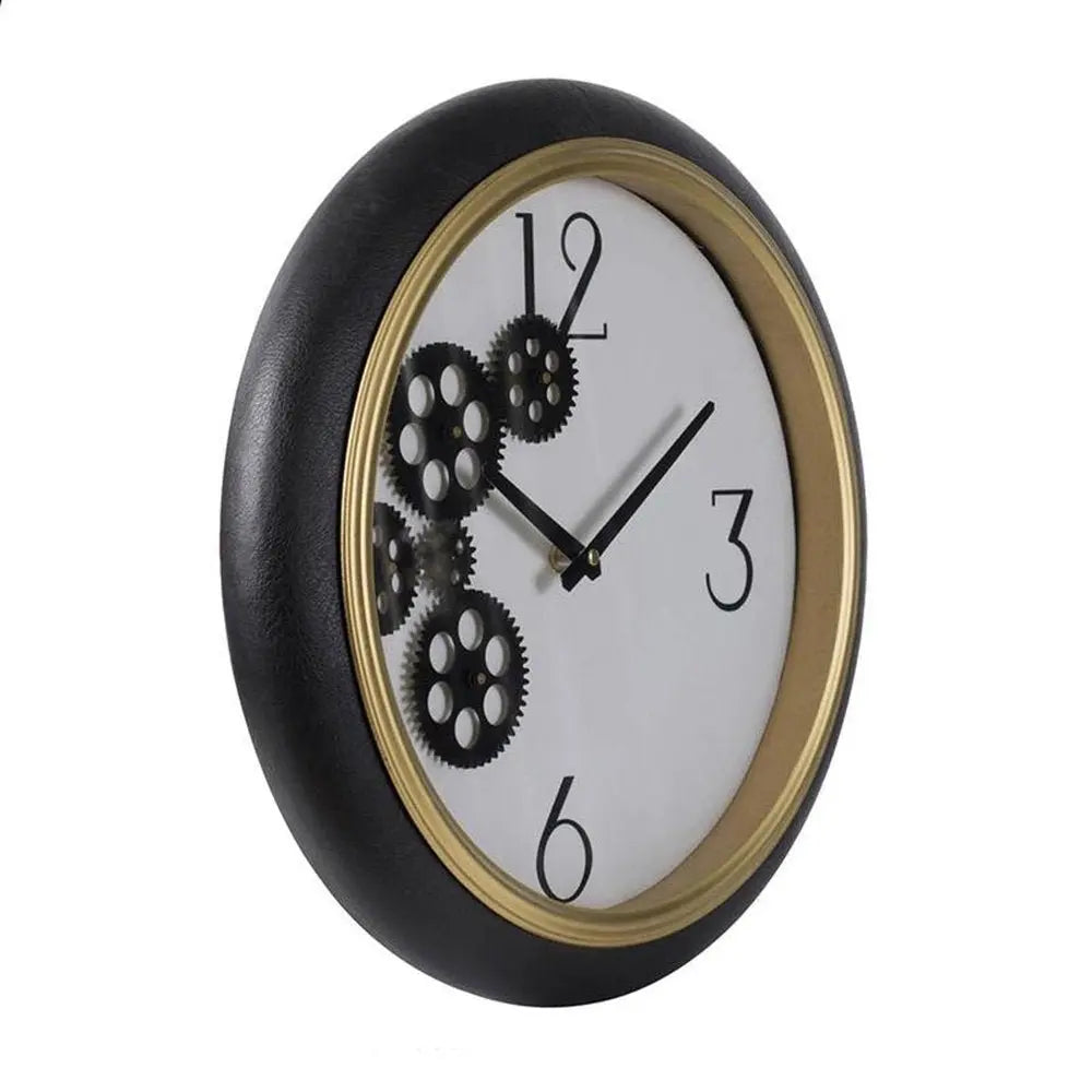 16" Black Gold And White Faux Leather And Iron Analog Exposed Gear Round Wall Clock - NOBLE HOME INTERIORS