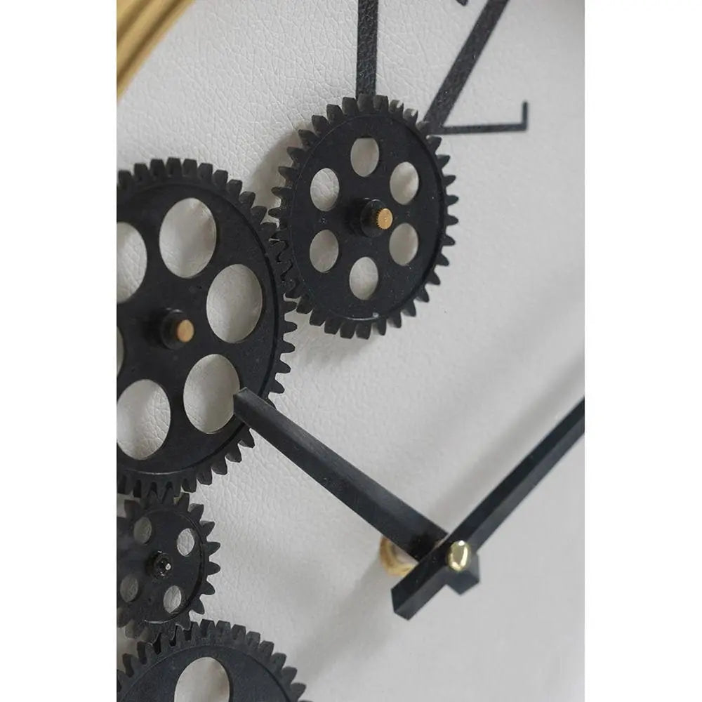16" Black Gold And White Faux Leather And Iron Analog Exposed Gear Round Wall Clock - NOBLE HOME INTERIORS