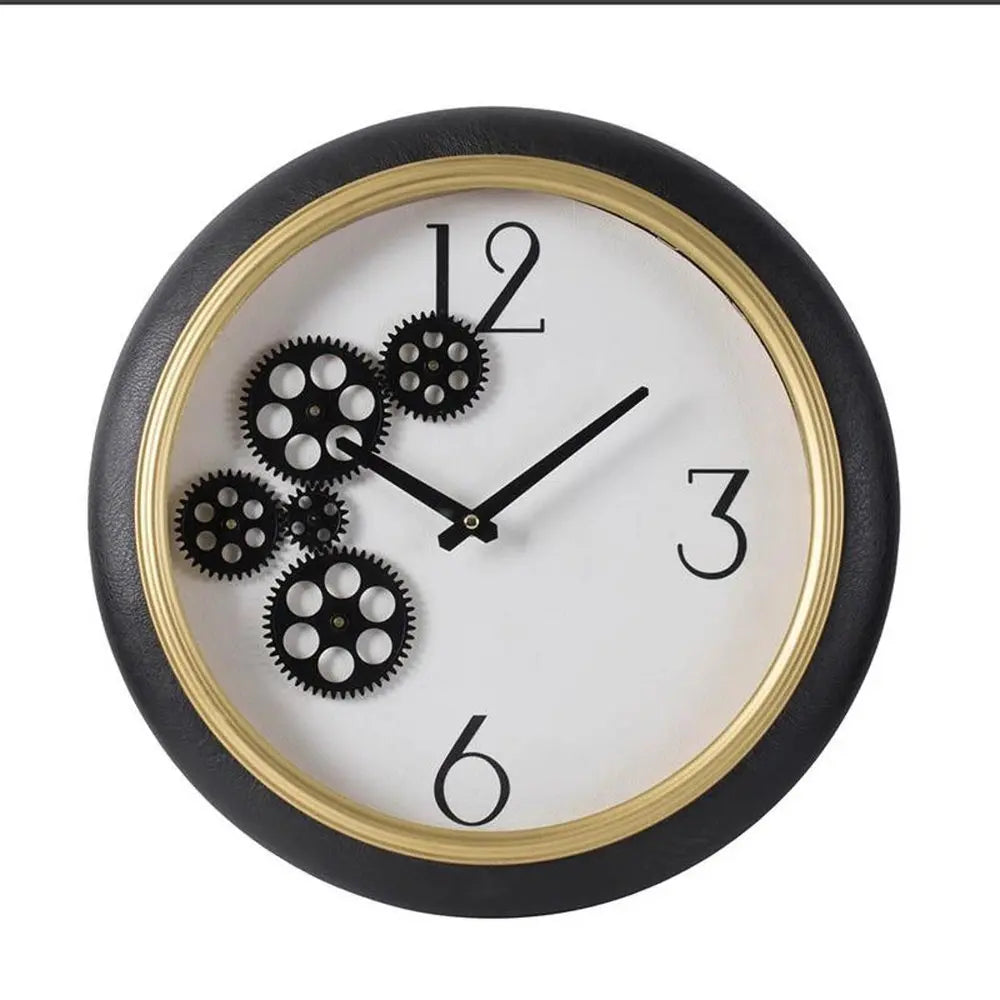 16" Black Gold And White Faux Leather And Iron Analog Exposed Gear Round Wall Clock - NOBLE HOME INTERIORS