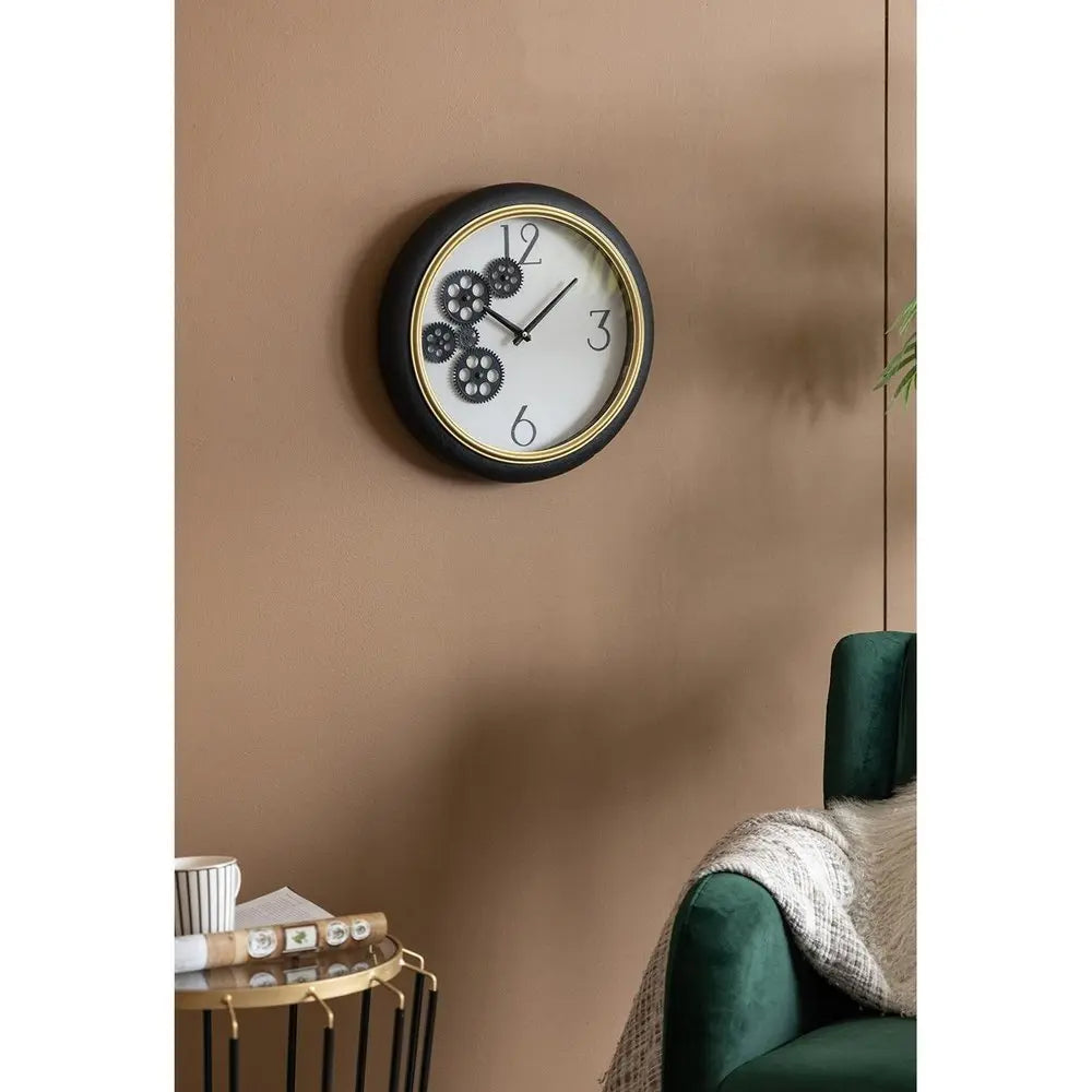 16" Black Gold And White Faux Leather And Iron Analog Exposed Gear Round Wall Clock - NOBLE HOME INTERIORS