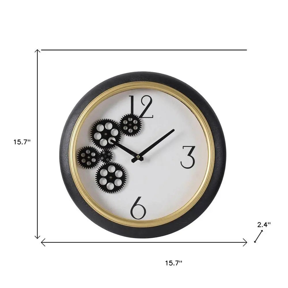 16" Black Gold And White Faux Leather And Iron Analog Exposed Gear Round Wall Clock - NOBLE HOME INTERIORS
