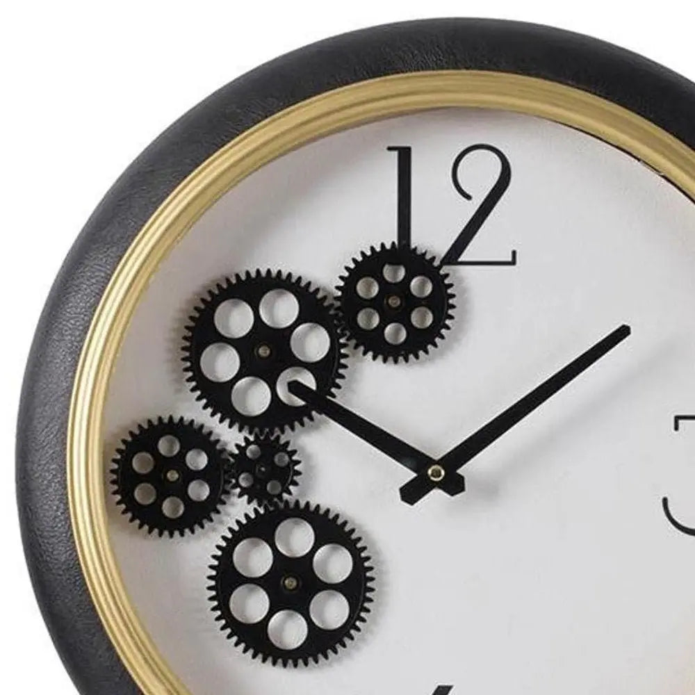 16" Black Gold And White Faux Leather And Iron Analog Exposed Gear Round Wall Clock - NOBLE HOME INTERIORS