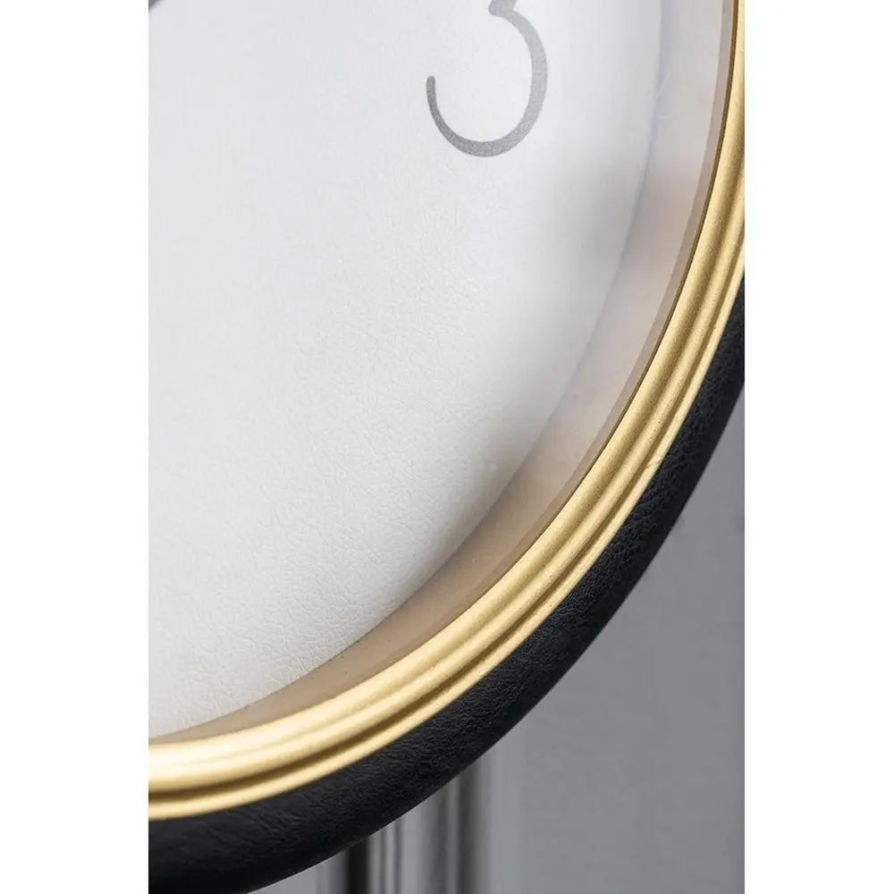 16" Black Gold And White Faux Leather And Iron Analog Exposed Gear Round Wall Clock - NOBLE HOME INTERIORS