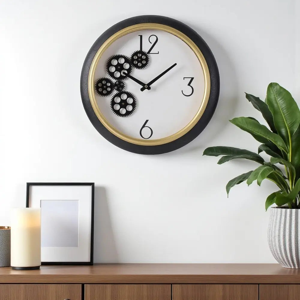 16" Black Gold And White Faux Leather And Iron Analog Exposed Gear Round Wall Clock - NOBLE HOME INTERIORS