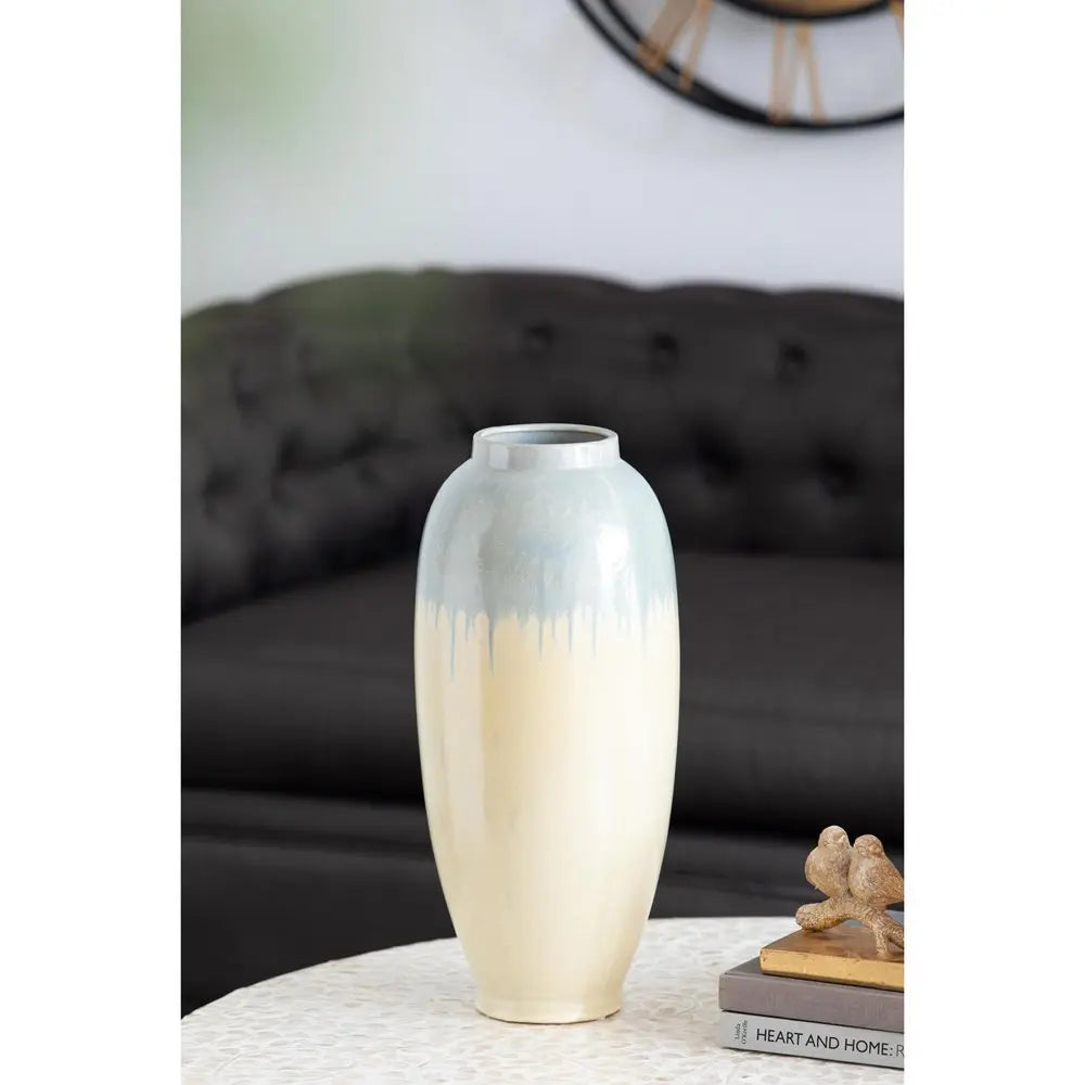16" Blue And Cream Reactive Glaze Ceramic Cylinder Table Vase - NOBLE HOME INTERIORS