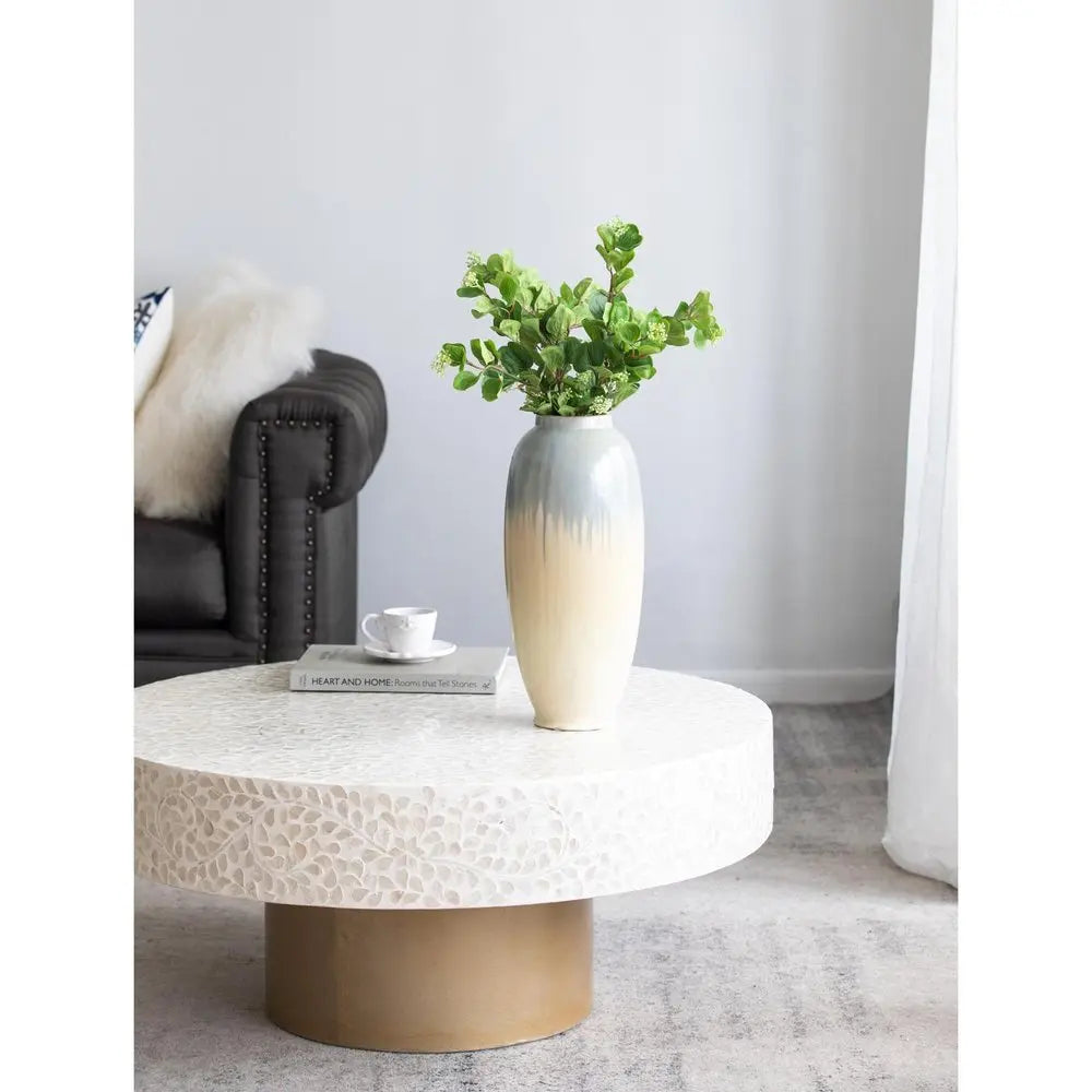 16" Blue And Cream Reactive Glaze Ceramic Cylinder Table Vase - NOBLE HOME INTERIORS