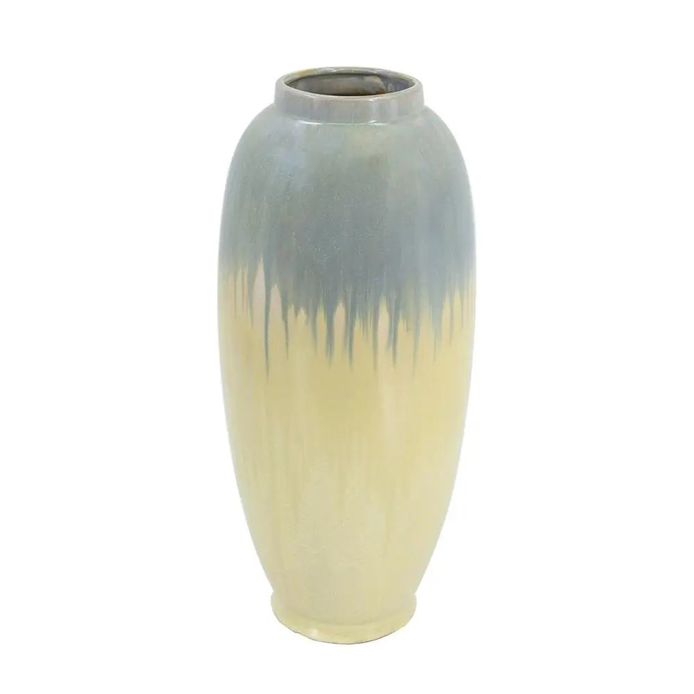 16" Blue And Cream Reactive Glaze Ceramic Cylinder Table Vase - NOBLE HOME INTERIORS